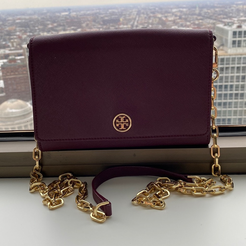 EUC Tory Burch wallet on a chain, Burgundy and gold.